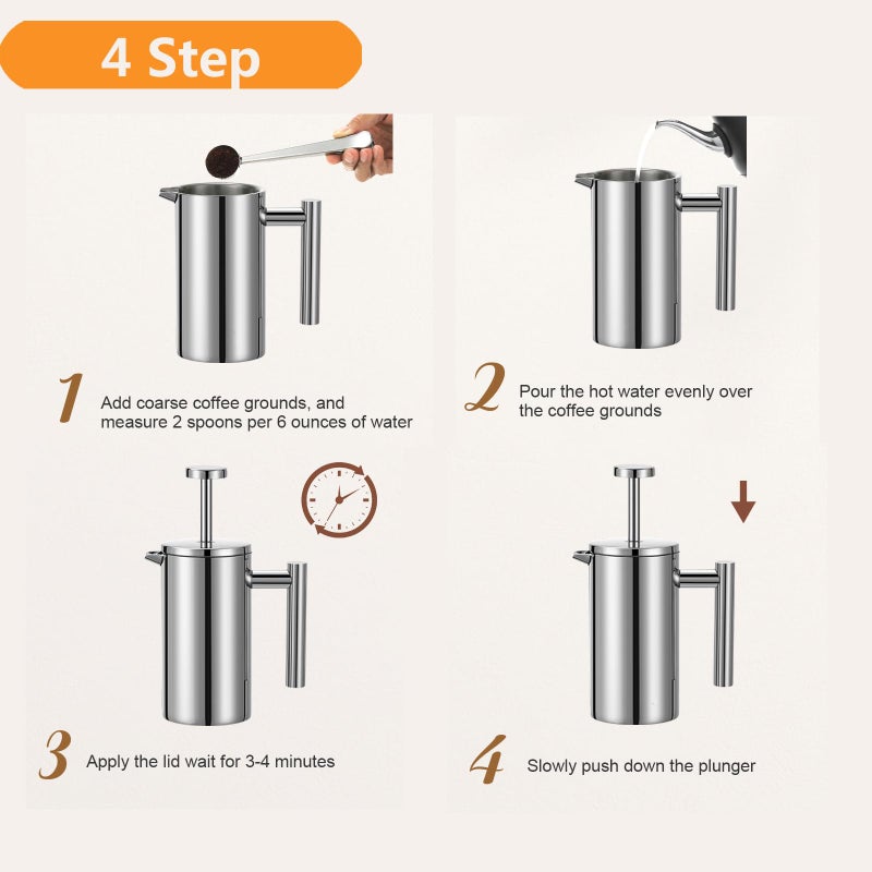 Meelio Stainless Steel French Press Coffee Maker 1500ml, Double-Wall Insulated Large French Coffee Press for travel campingï¼ŒLarge Capacity, ï¼ˆ50oz, Silverï¼‰ - Image 3